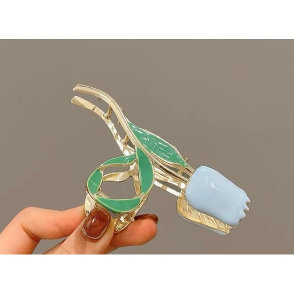 Gold Tone Blue Tulip Flower Claw Clip Hair Accessory Women